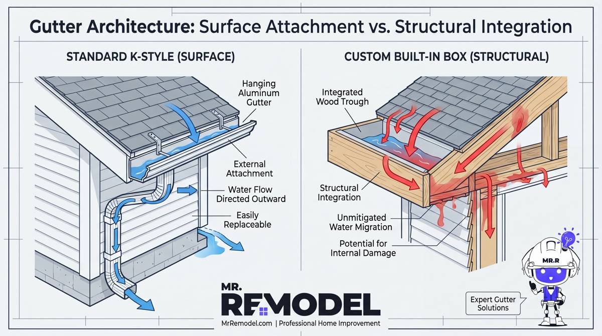 A side-by-side technical schematic. On the left: Standard aluminum K-style gutter labeled "Surface System: Fascia attachment, minimal structural impact." On the right, highlighted in Secondary Accent: Blue (#5044FF): Box Gutter cross-section labeled "Architectural System: Integrated wood framing, major structural vulnerability." Red arrows track the water path, showing how a K-style overflow spills safely away, while a box gutter leak migrates internally into walls.